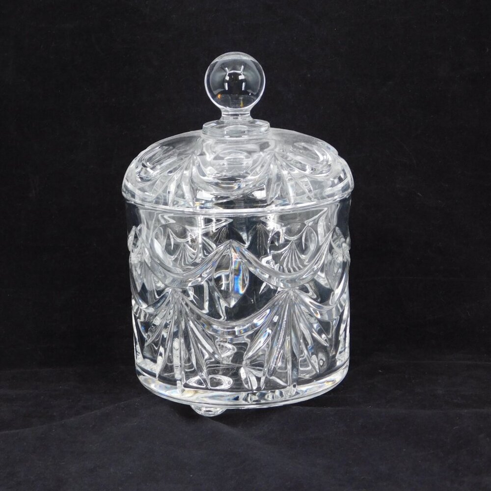 Crystal Lidded Biscuit Jar Footed Sphere Handle 5" tall with lid 8" FLAW - Picture 2 of 9